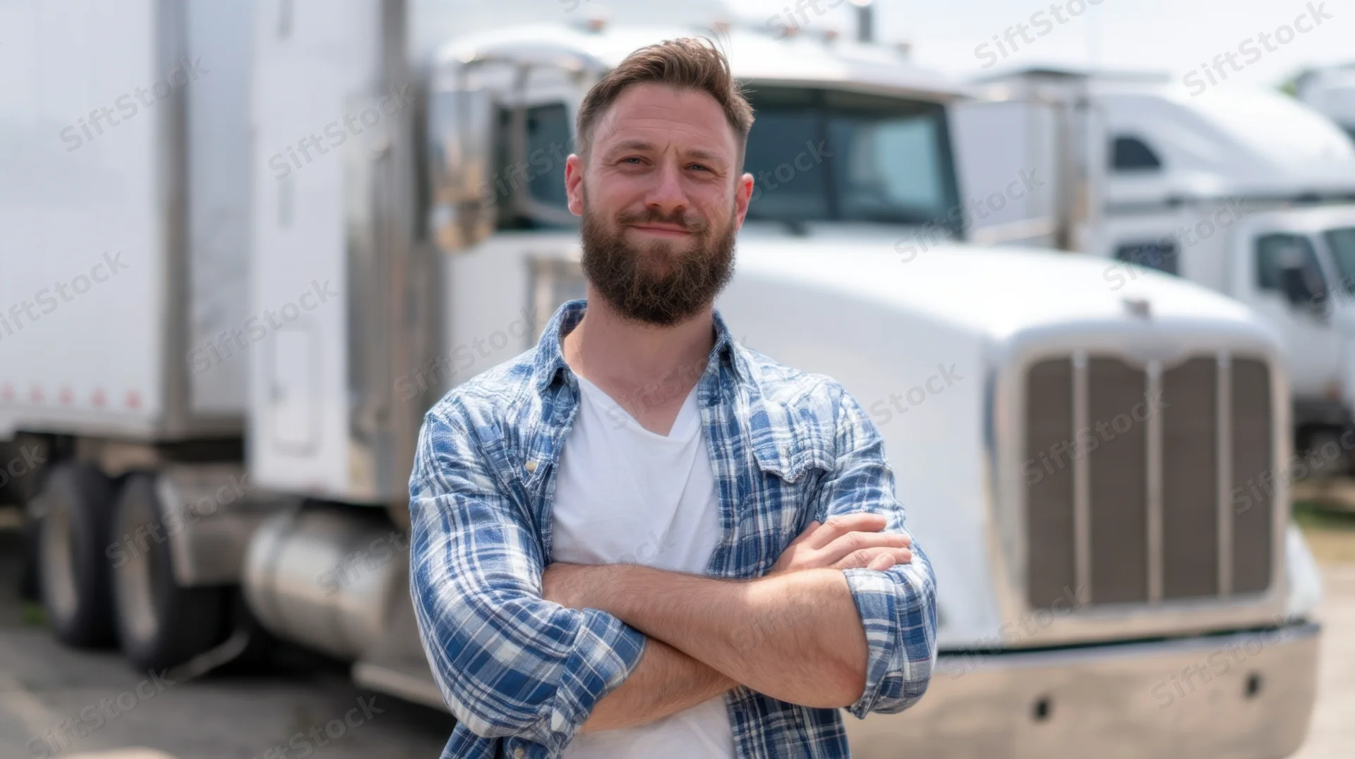 Confident man with arms crossed standing in front of a white semi truck in a parking lot