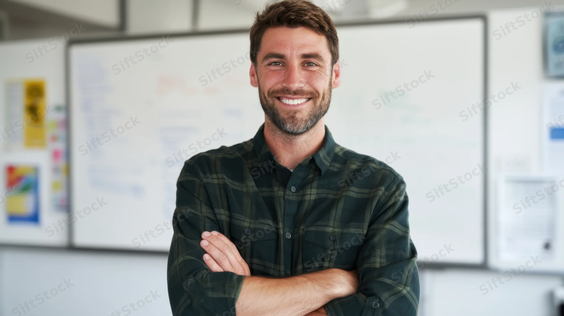 Confident man smiling with arms crossed in office setting