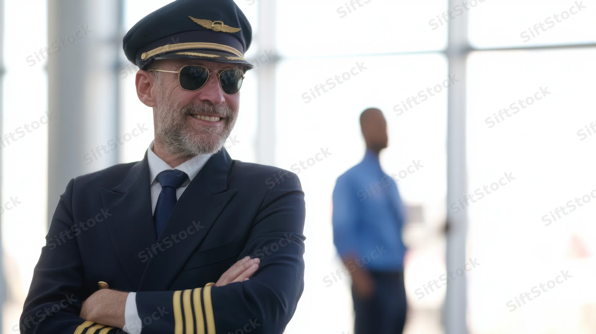 Pilot in navy uniform with arms crossed smiling in airport terminal
