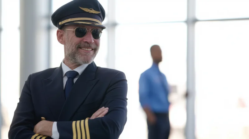 Pilot in navy uniform with arms crossed smiling in airport terminal