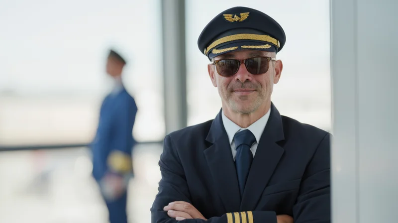 Pilot in navy uniform with arms crossed standing by window at airport
