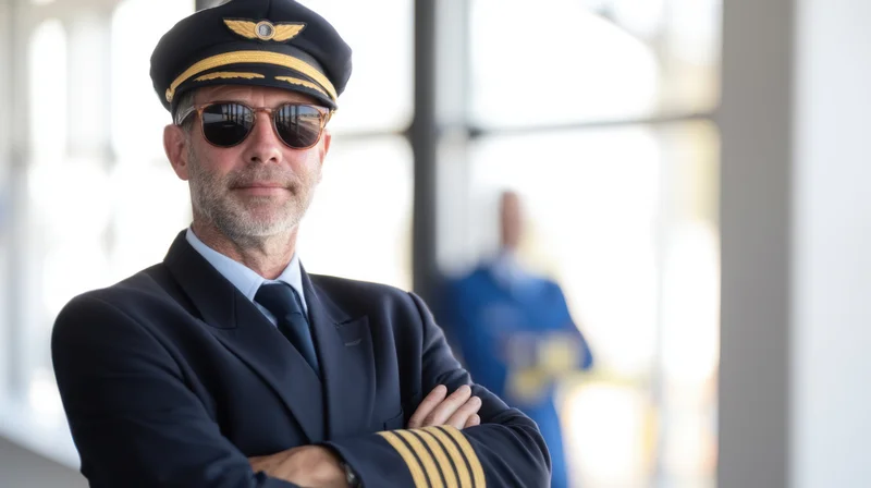 Pilot in navy uniform with arms crossed standing in airport terminal