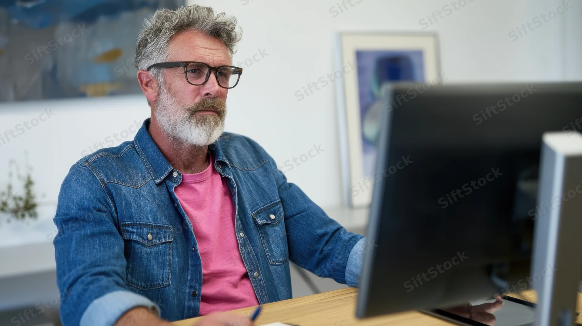 Middle-aged man with beard and glasses working at desk in home office, focused on computer screen, writing with pen