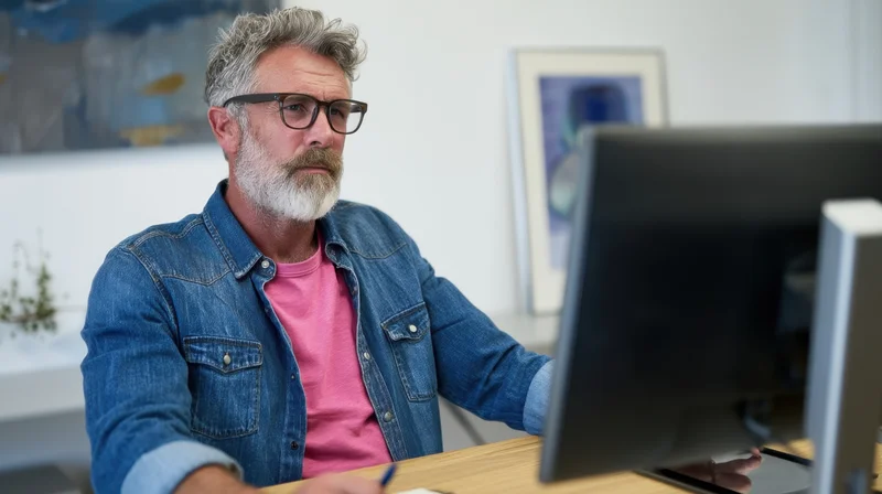 Middle-aged man with beard and glasses working at desk in home office, focused on computer screen, writing with pen