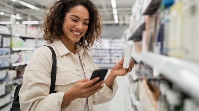 Woman smiling while using smartphone to scan product in supermarket aisle