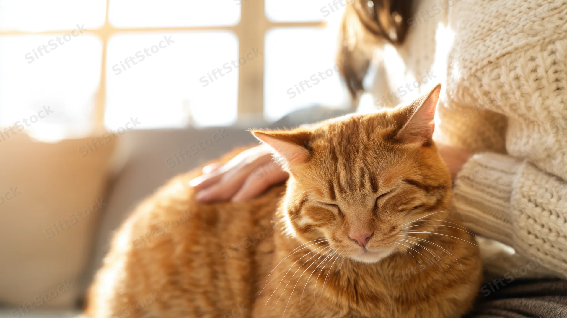 Ginger cat resting with eyes closed as woman strokes its back on a sunlit sofa