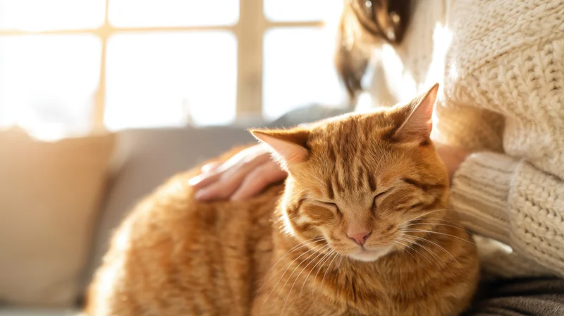 Ginger cat resting with eyes closed as woman strokes its back on a sunlit sofa