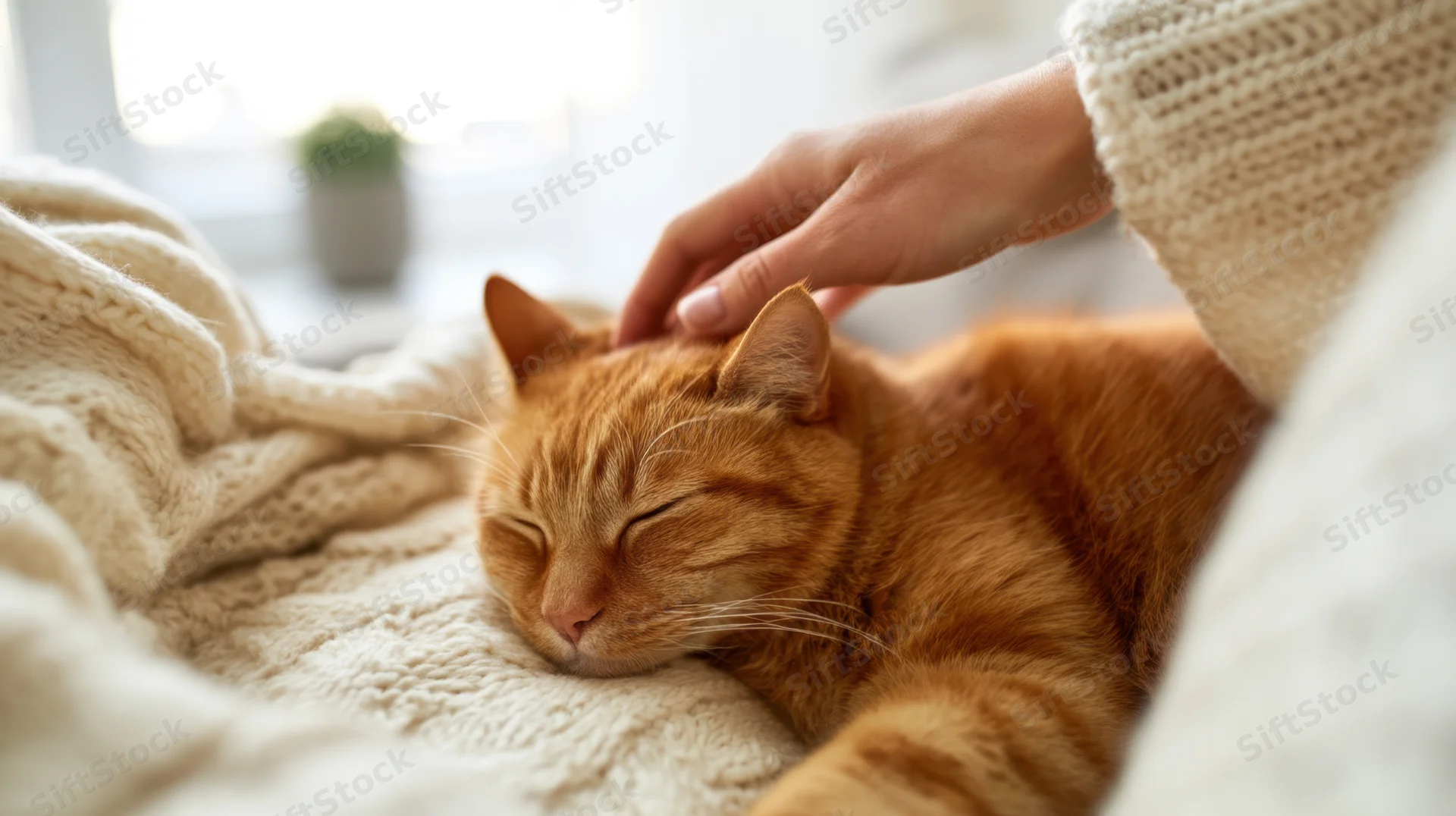 Ginger cat sleeping on a knitted blanket while being gently petted by a woman's hand in a cozy indoor setting