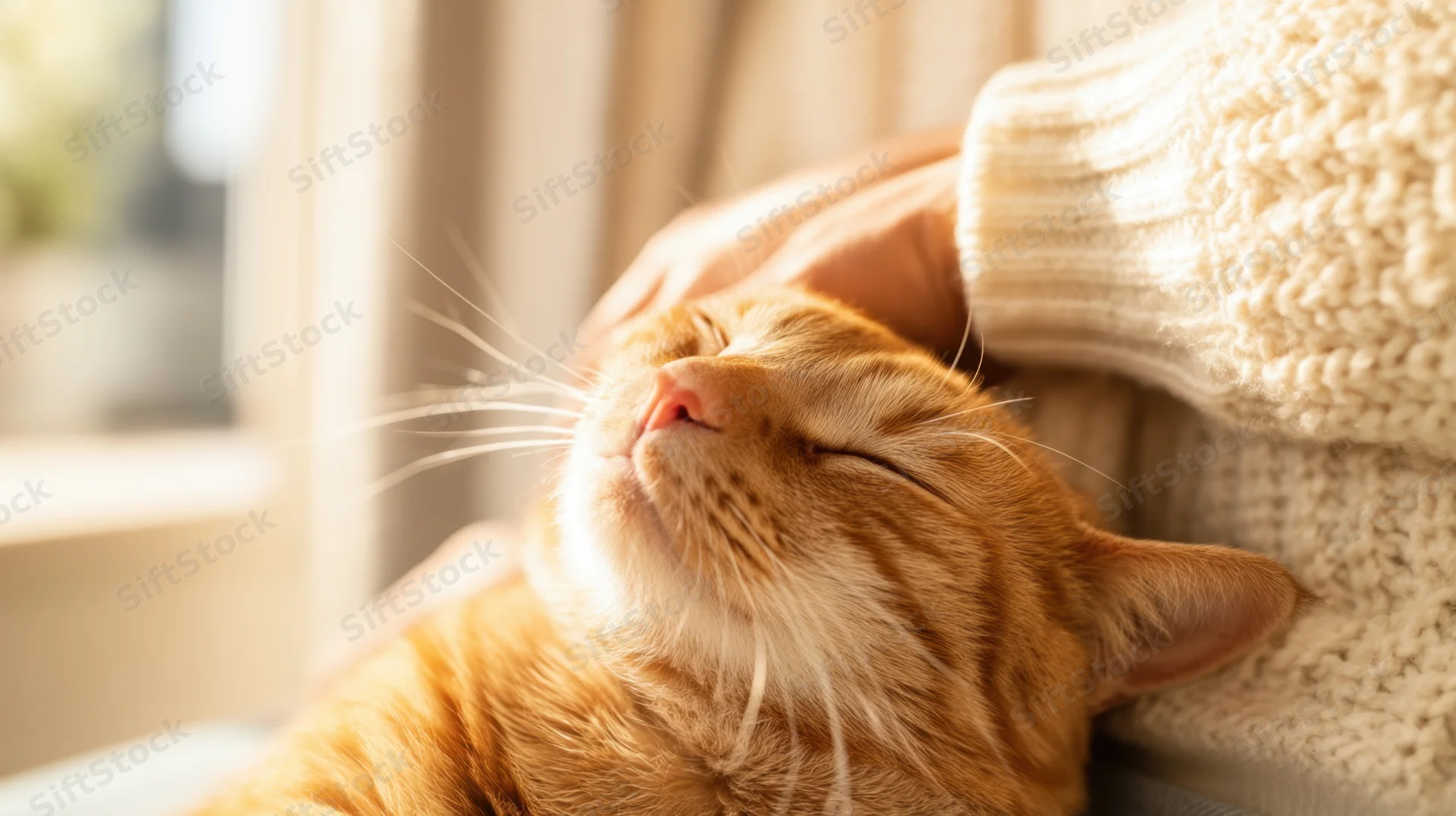 Ginger cat sleeping peacefully on a person's lap near a sunlit window