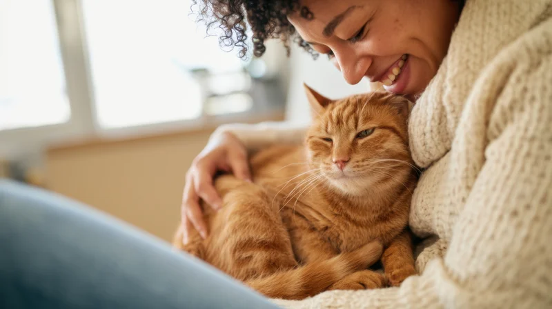 Woman smiling while cuddling a ginger cat on her lap indoors near a window