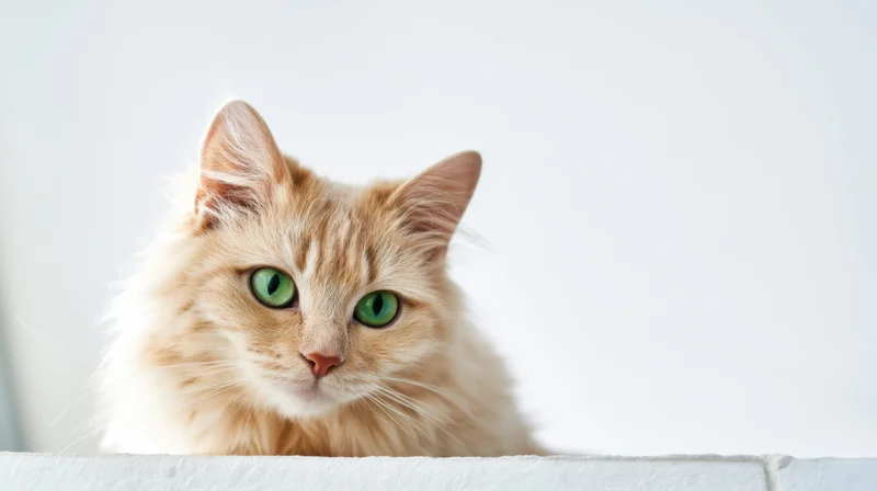 Cream cat with green eyes peeking over white surface indoors