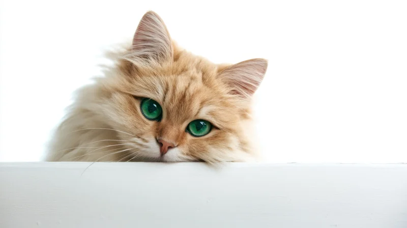 Cream cat peeking over white surface with green eyes, isolated on white background