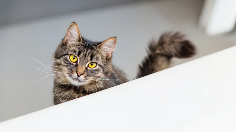 Gray tabby cat peeking over white surface with yellow eyes and alert expression indoors