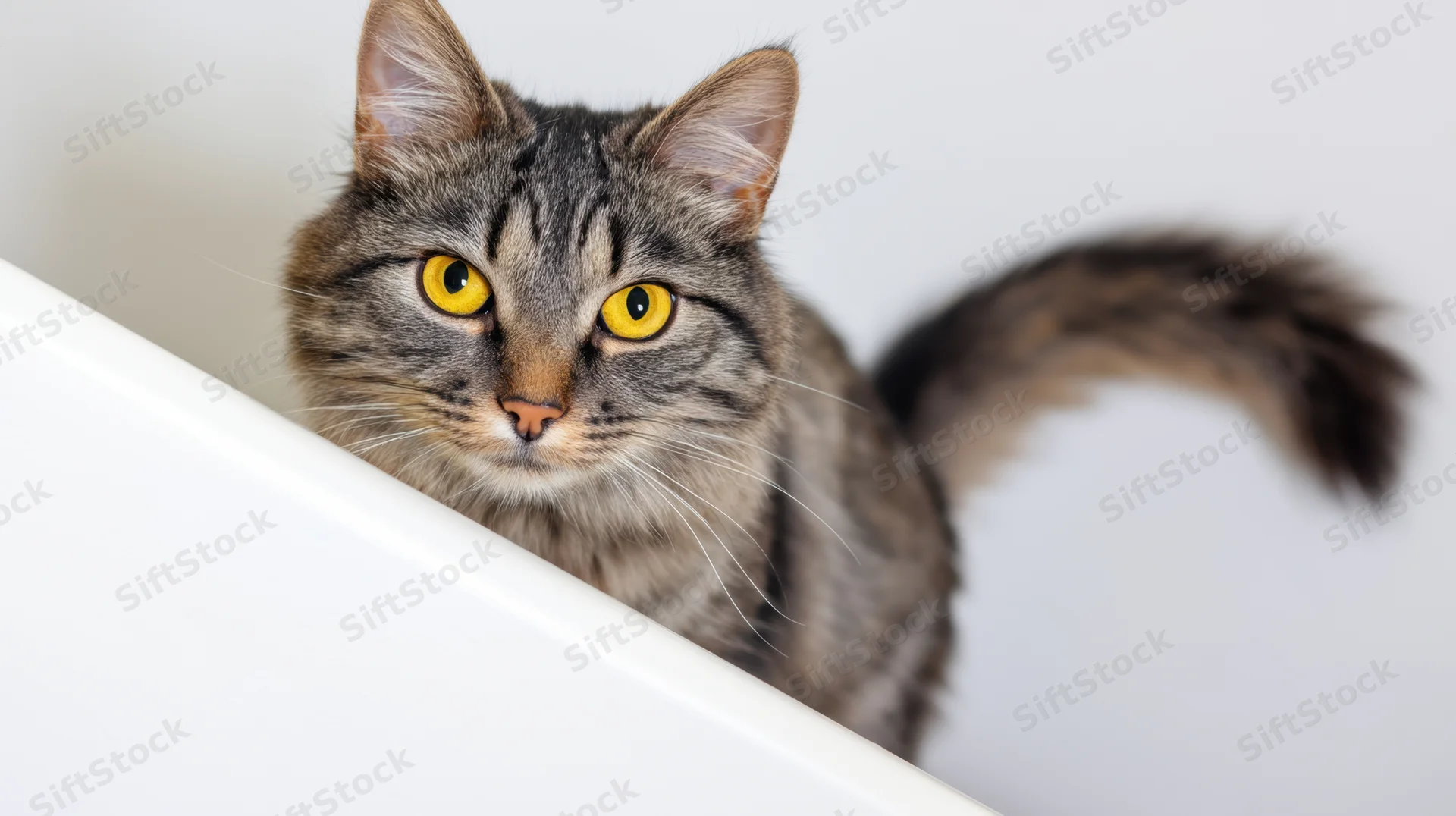 Gray tabby cat peeking over white surface with bright yellow eyes looking alert indoors