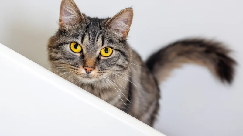 Gray tabby cat peeking over white surface with bright yellow eyes looking alert indoors