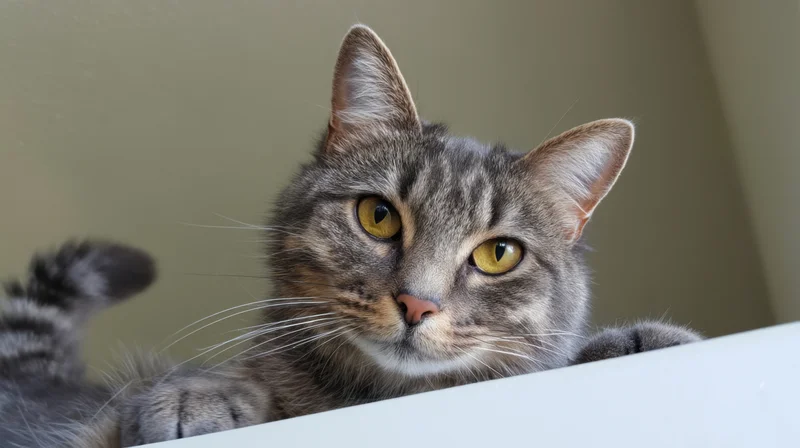 Gray tabby cat peeking over white surface with alert yellow eyes indoors