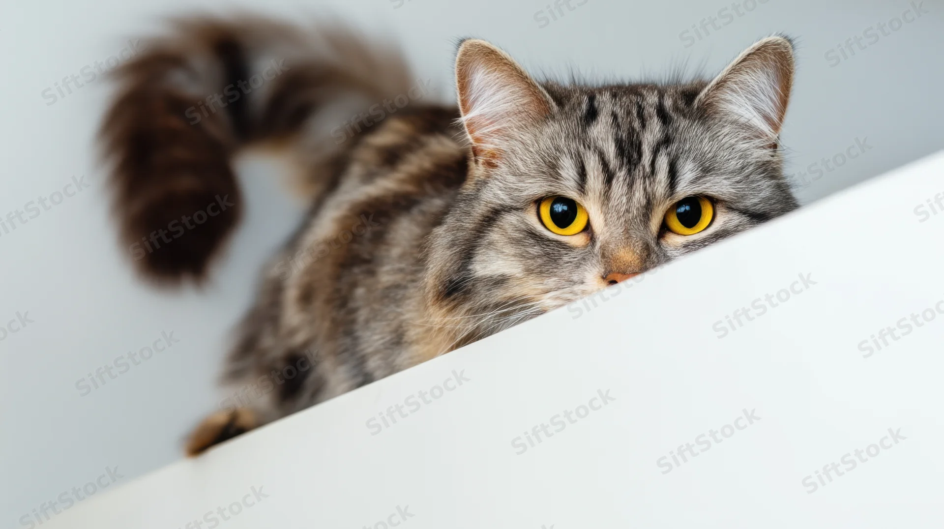 Gray tabby cat peeking over white surface indoors