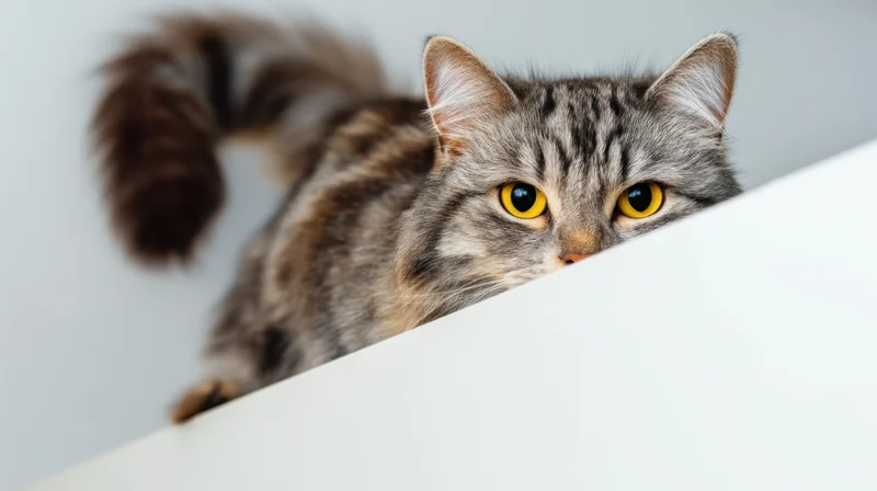 Gray tabby cat peeking over white surface indoors