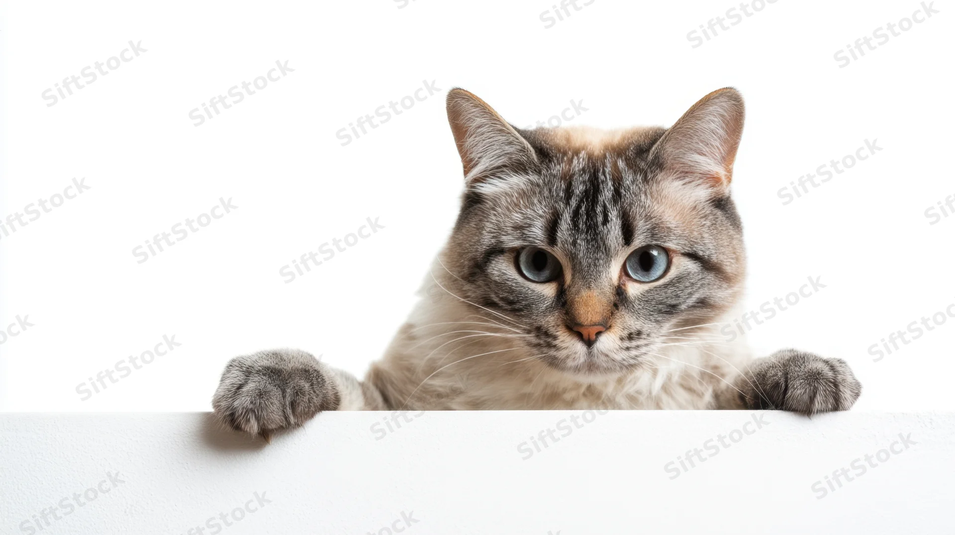 Gray tabby cat peeking over white surface with paws resting on edge in studio setting