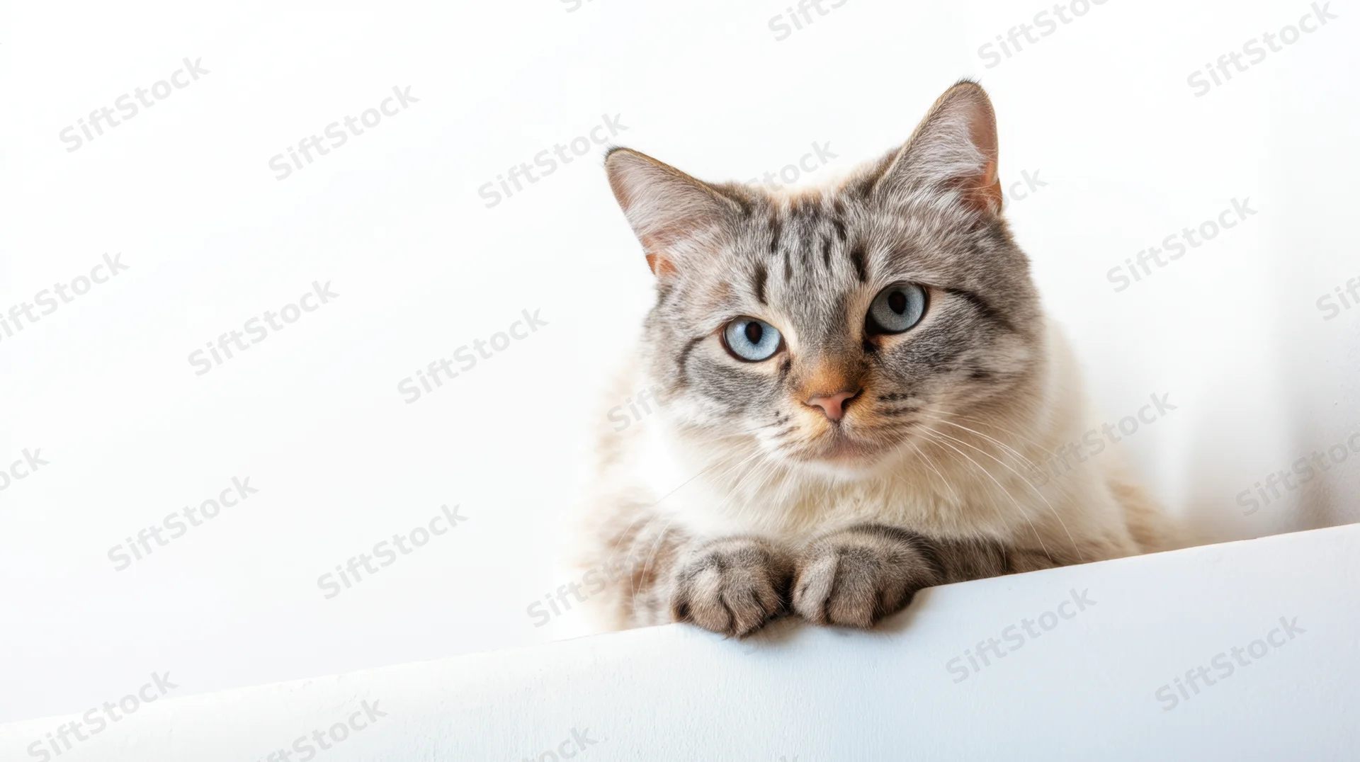 Gray tabby cat peeking over white surface with blue eyes looking forward