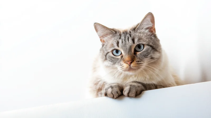 Gray tabby cat peeking over white surface with blue eyes looking forward