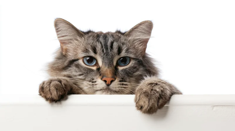 Gray tabby cat peeking over white surface with paws resting on edge, studio shot