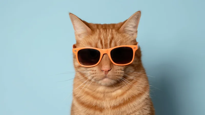 Orange tabby cat wearing orange sunglasses in studio portrait against blue background