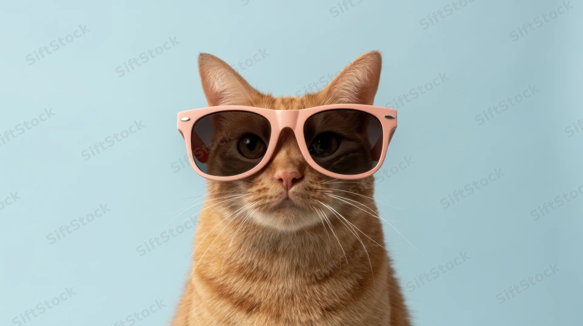 Orange tabby cat wearing pink sunglasses against a light blue background