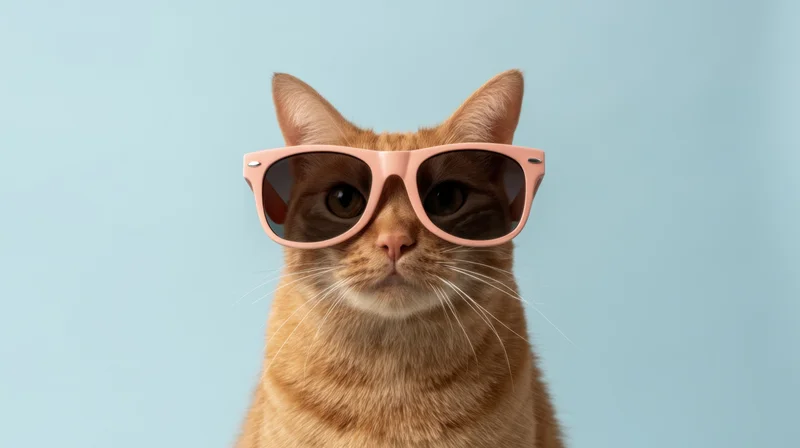 Orange tabby cat wearing pink sunglasses against a light blue background