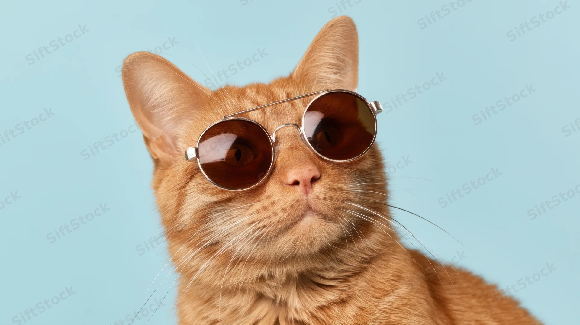 Orange tabby cat wearing round sunglasses against a blue background