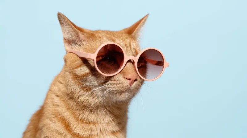 Orange tabby cat wearing pink round sunglasses in profile against a light blue background
