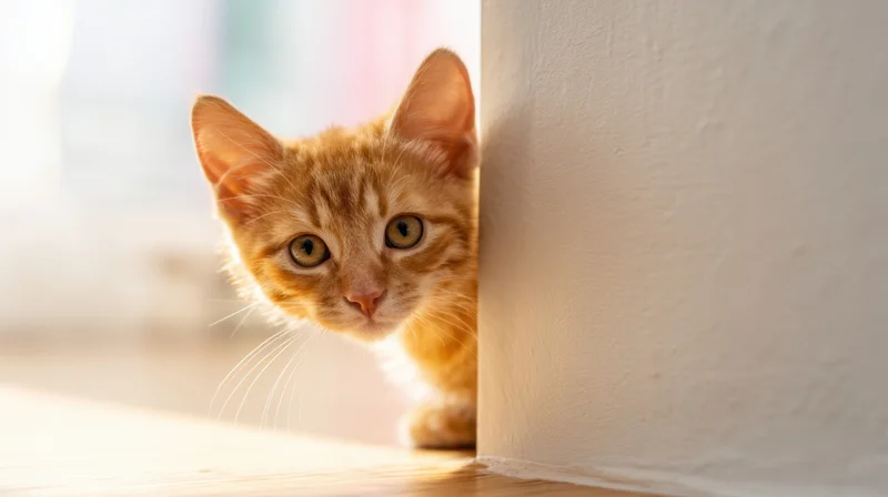 Orange tabby kitten peeking from behind a white wall corner in a sunlit indoor space