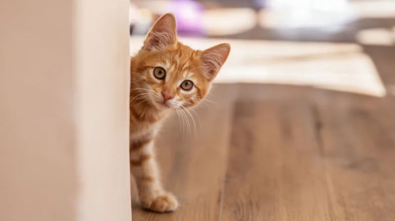Orange tabby kitten peeking from behind furniture in a sunlit home interior