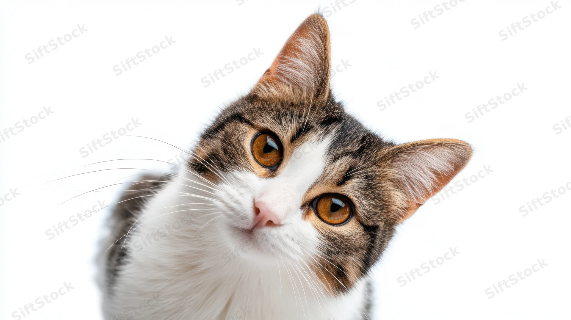 Closeup of a curious tabby-and-white cat looking up against a white background