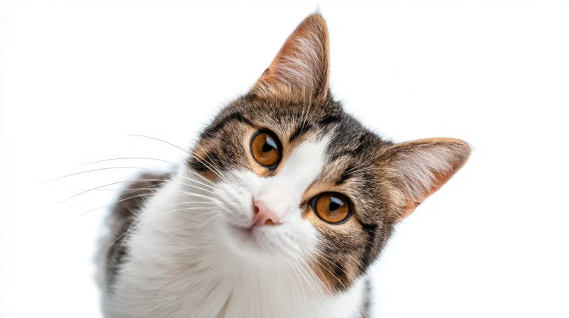 Closeup of a curious tabby-and-white cat looking up against a white background