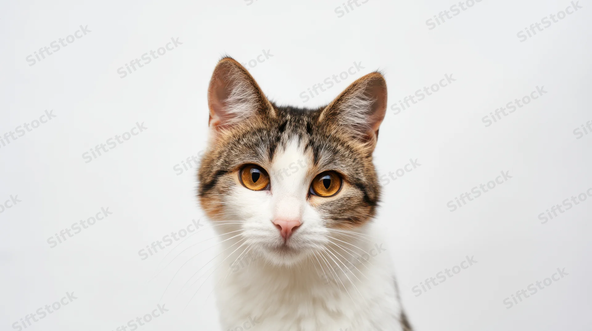 Closeup of a tabby-and-white cat looking directly at the camera against a plain white background