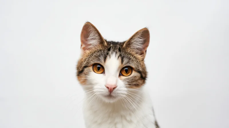 Closeup of a tabby-and-white cat looking directly at the camera against a plain white background
