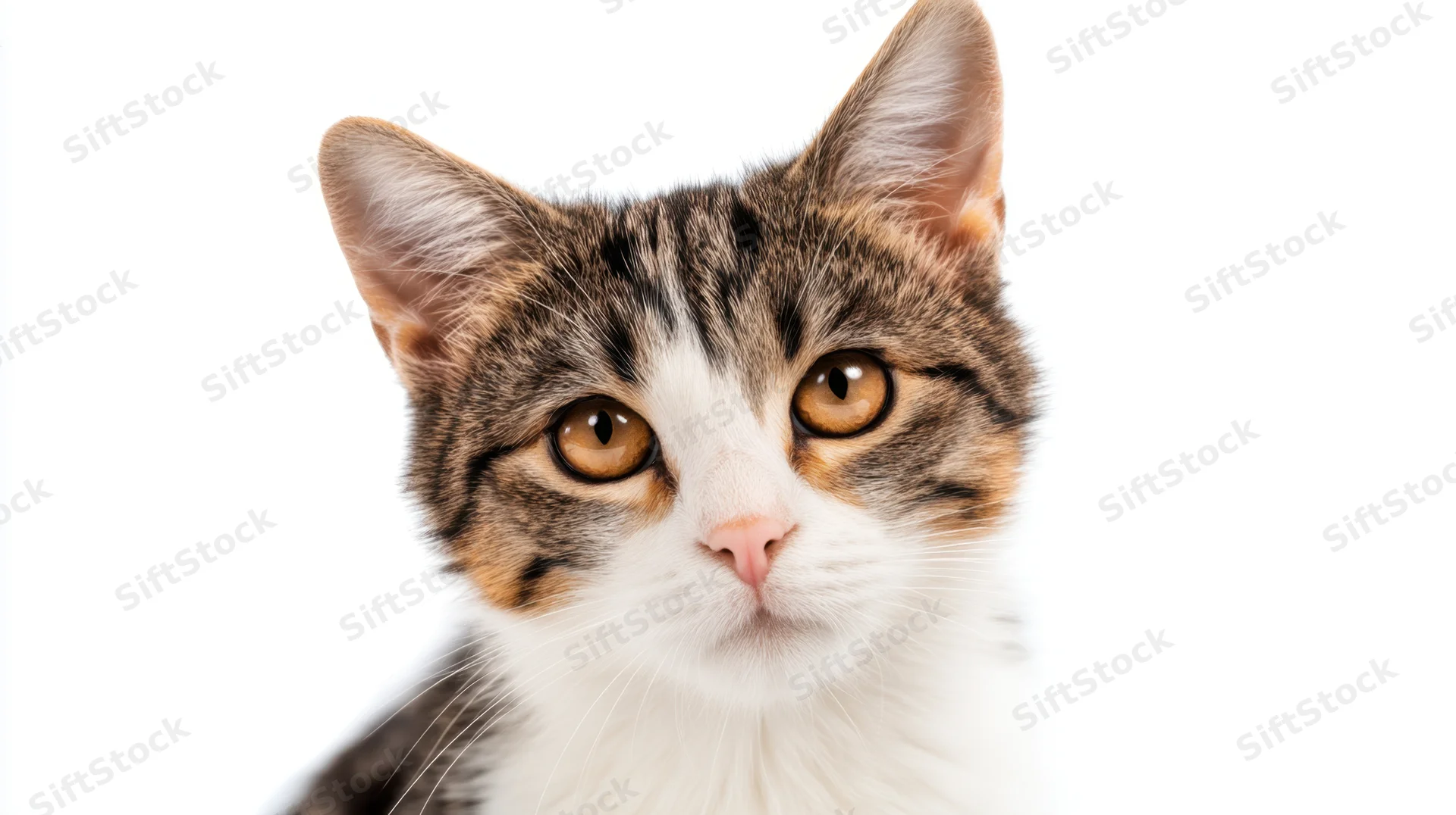 Closeup of a tabby-and-white cat's head looking directly at the camera against a white background