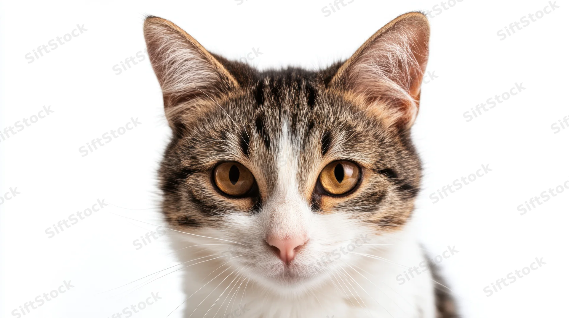 Closeup of a tabby-and-white cat's face looking directly at the camera against a white background
