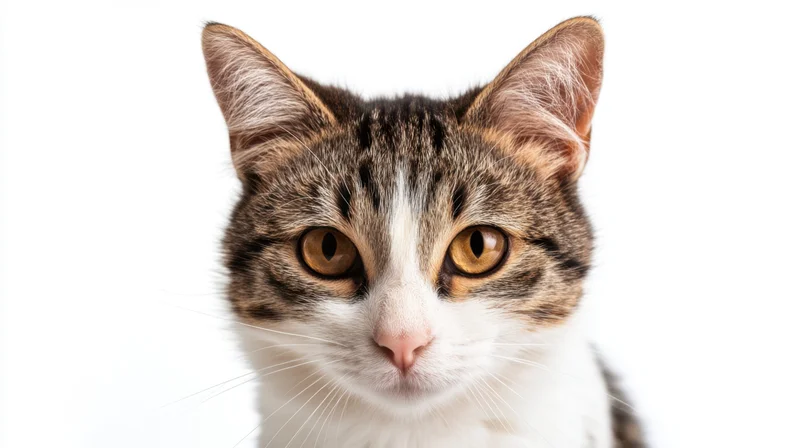 Closeup of a tabby-and-white cat's face looking directly at the camera against a white background