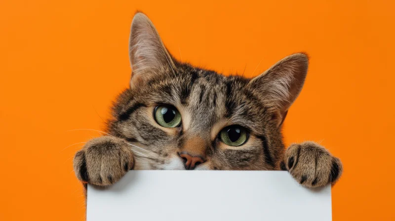 Tabby cat peeking over white sign against orange background