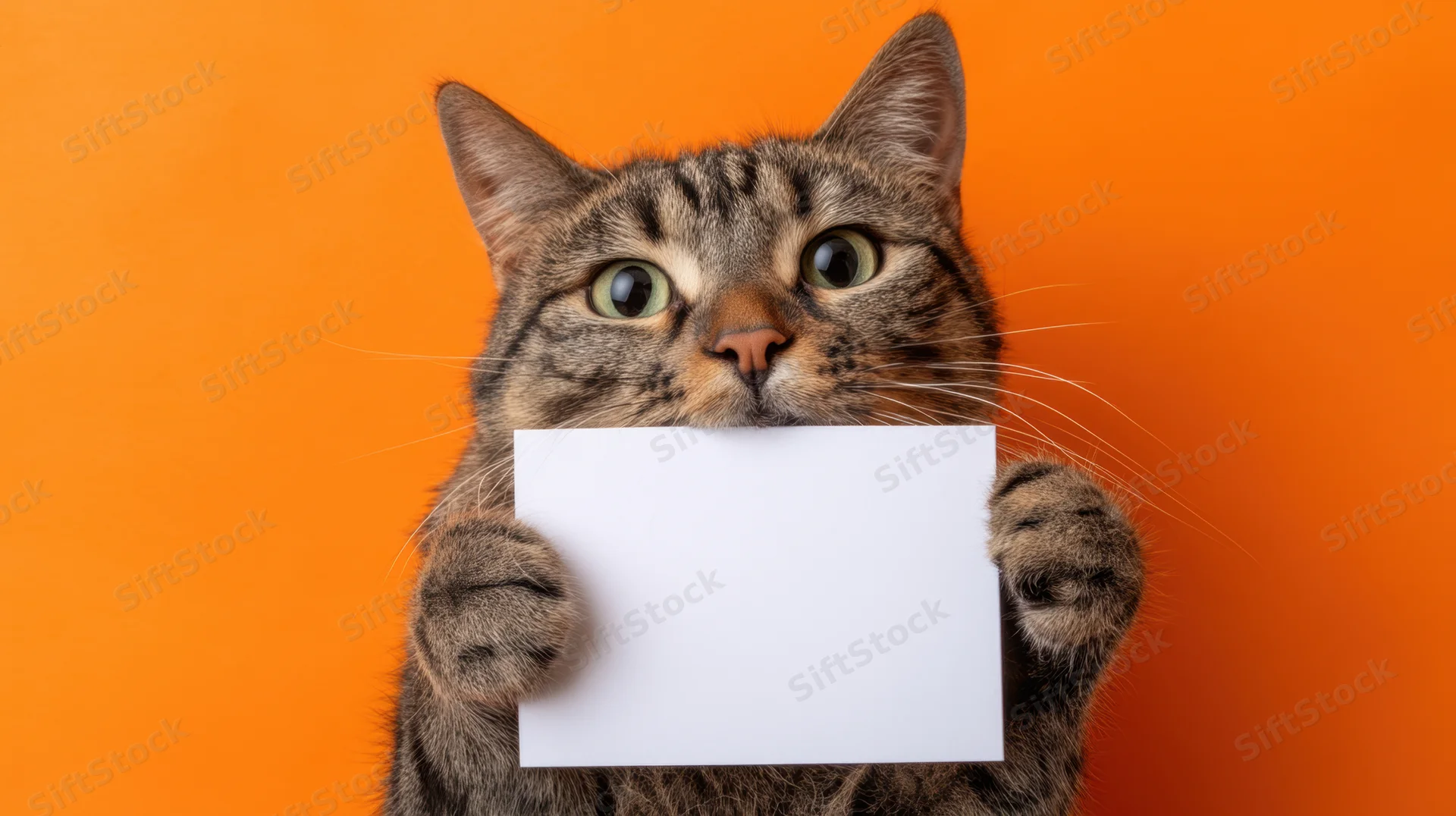 Tabby cat holding a blank white card against orange background