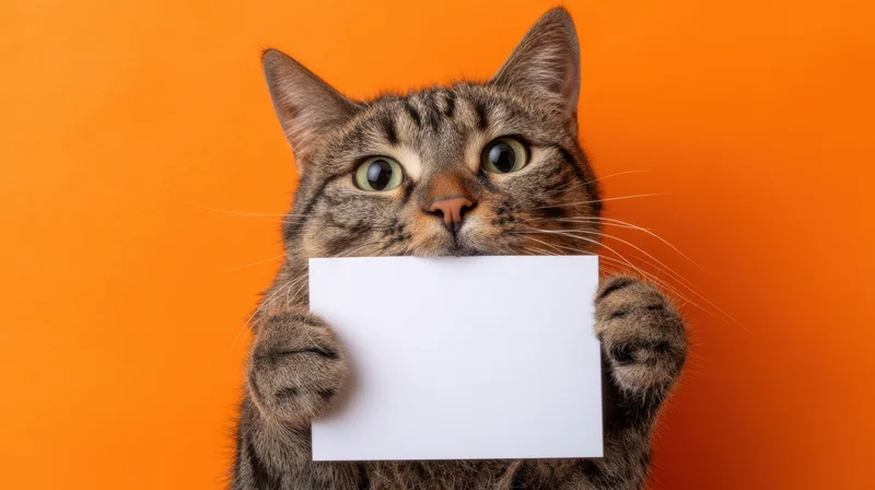 Tabby cat holding a blank white card against orange background