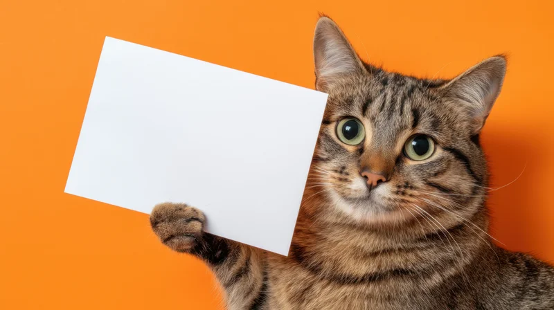 Tabby cat holding white paper against orange background