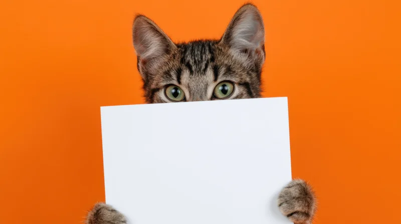 Tabby cat holding white paper against orange background