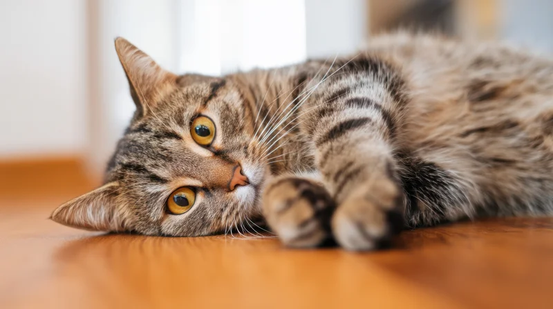 Tabby cat lying on wooden floor with head resting and eyes looking up
