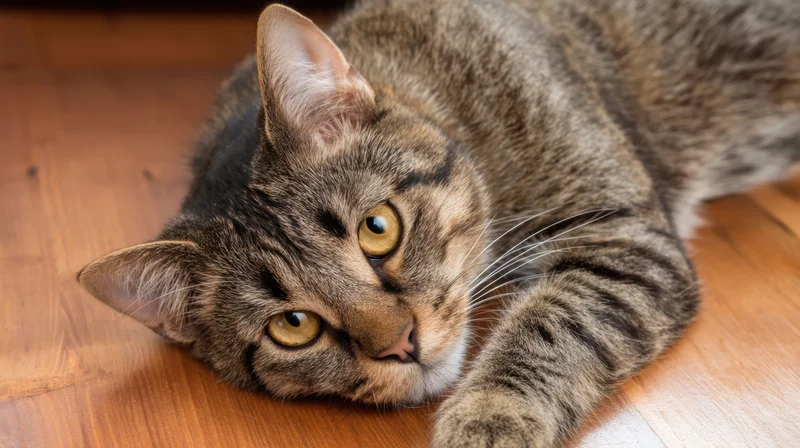 Tabby cat lying on wooden floor with head resting and eyes looking up curiously