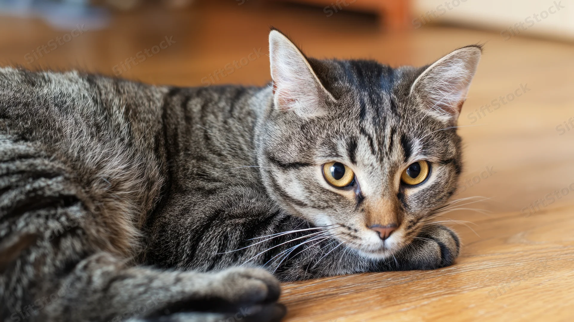 Tabby cat lying on wooden floor indoors, alert and resting with yellow eyes