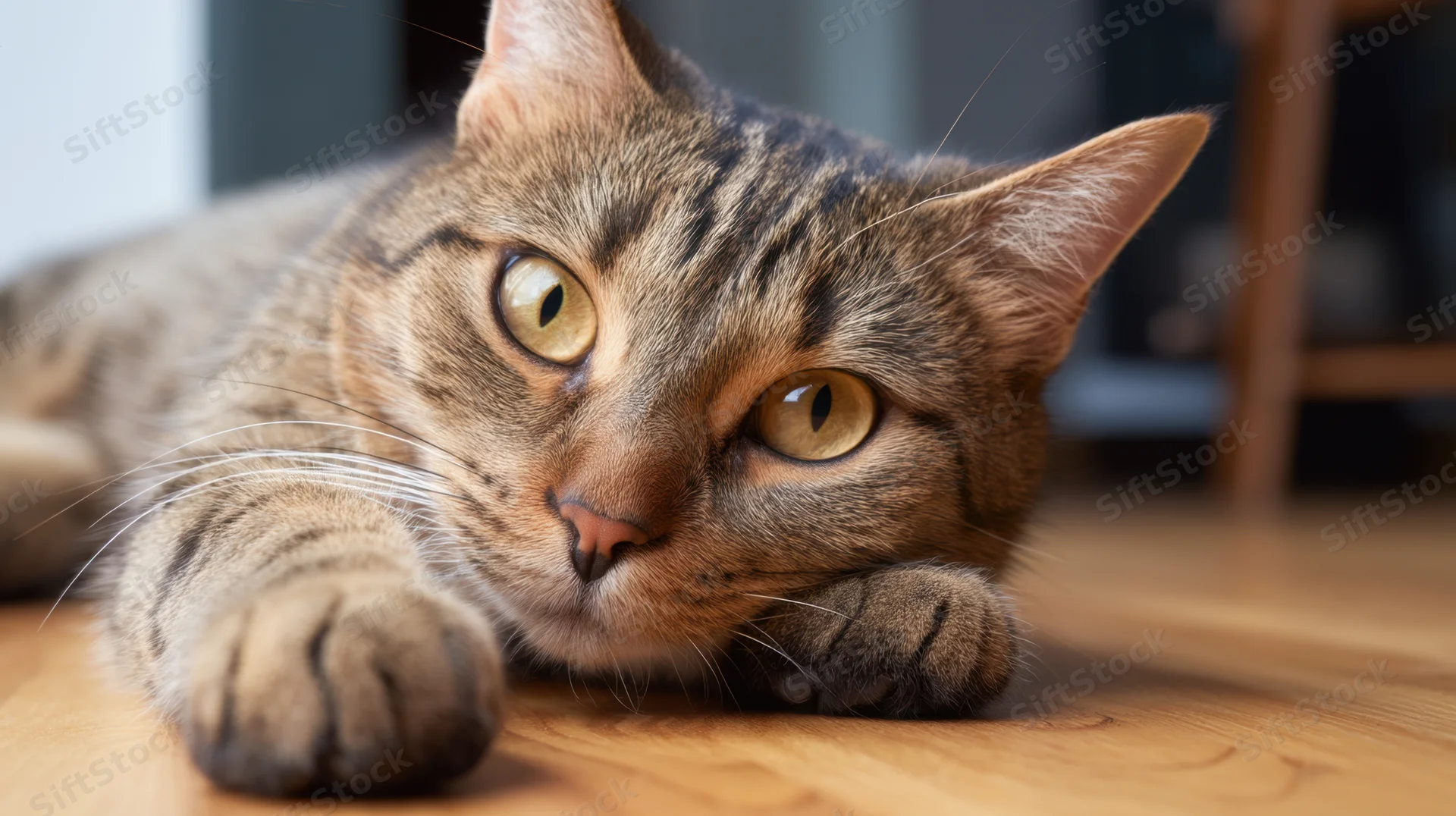 Tabby cat lying on wooden floor with paws extended and alert eyes looking forward