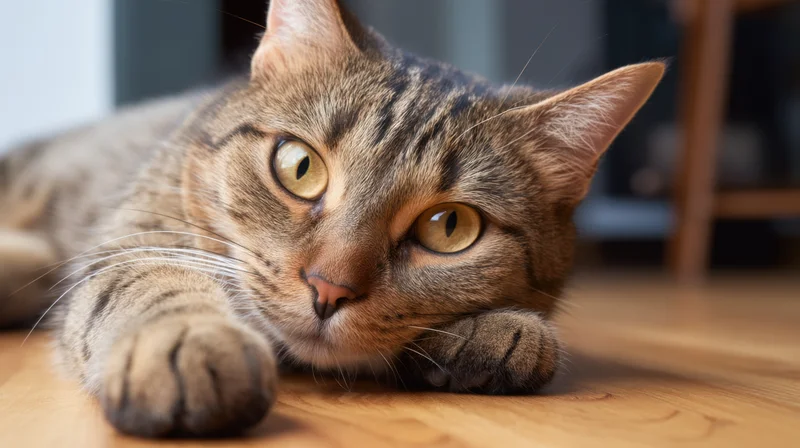 Tabby cat lying on wooden floor with paws extended and alert eyes looking forward